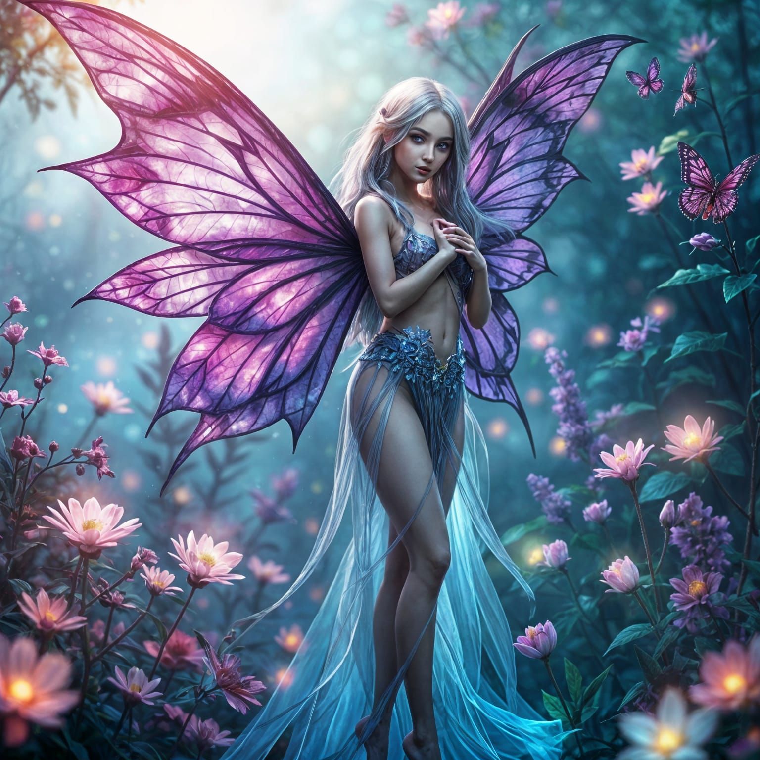 Enchanted Fairy with Iridescent Wings in a Magical Garden