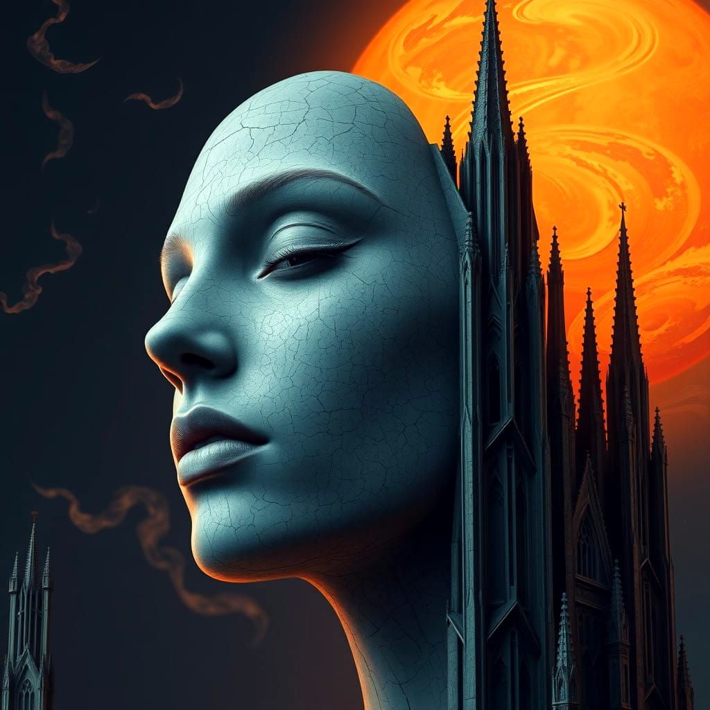 Surreal Goddess with Cityscape in Ancient Stone Skin