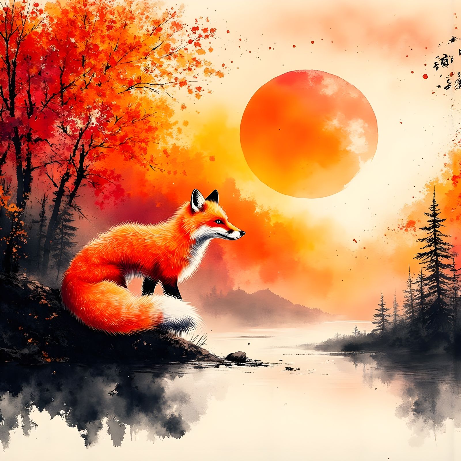 Vibrant Autumn Fox in Japanese-Inspired Landscape