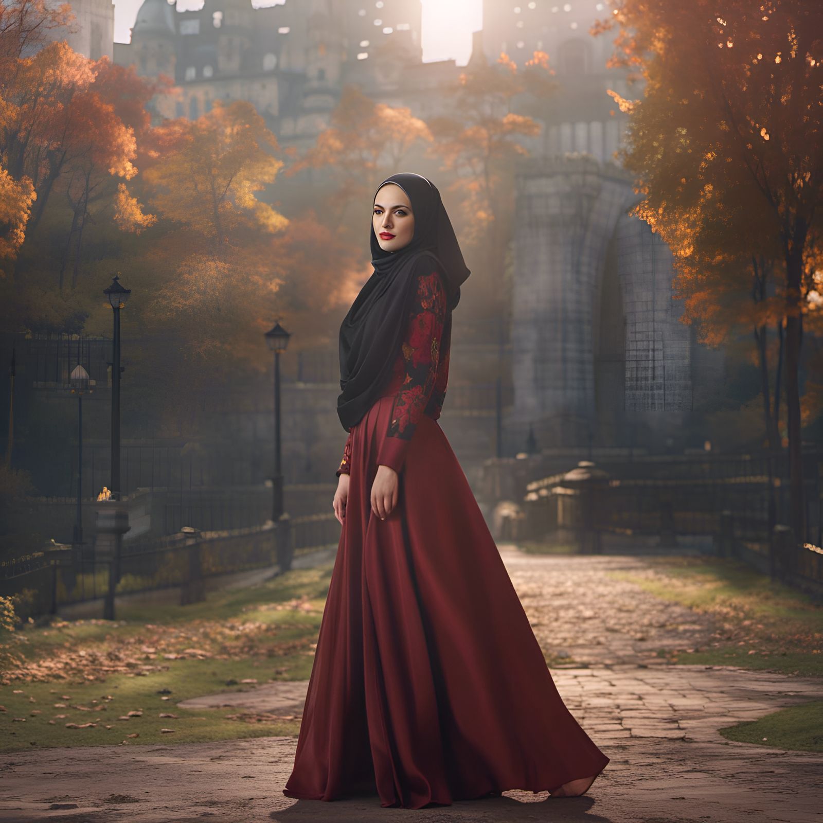 Beautiful Irish Woman in City Park, Fantasy Art