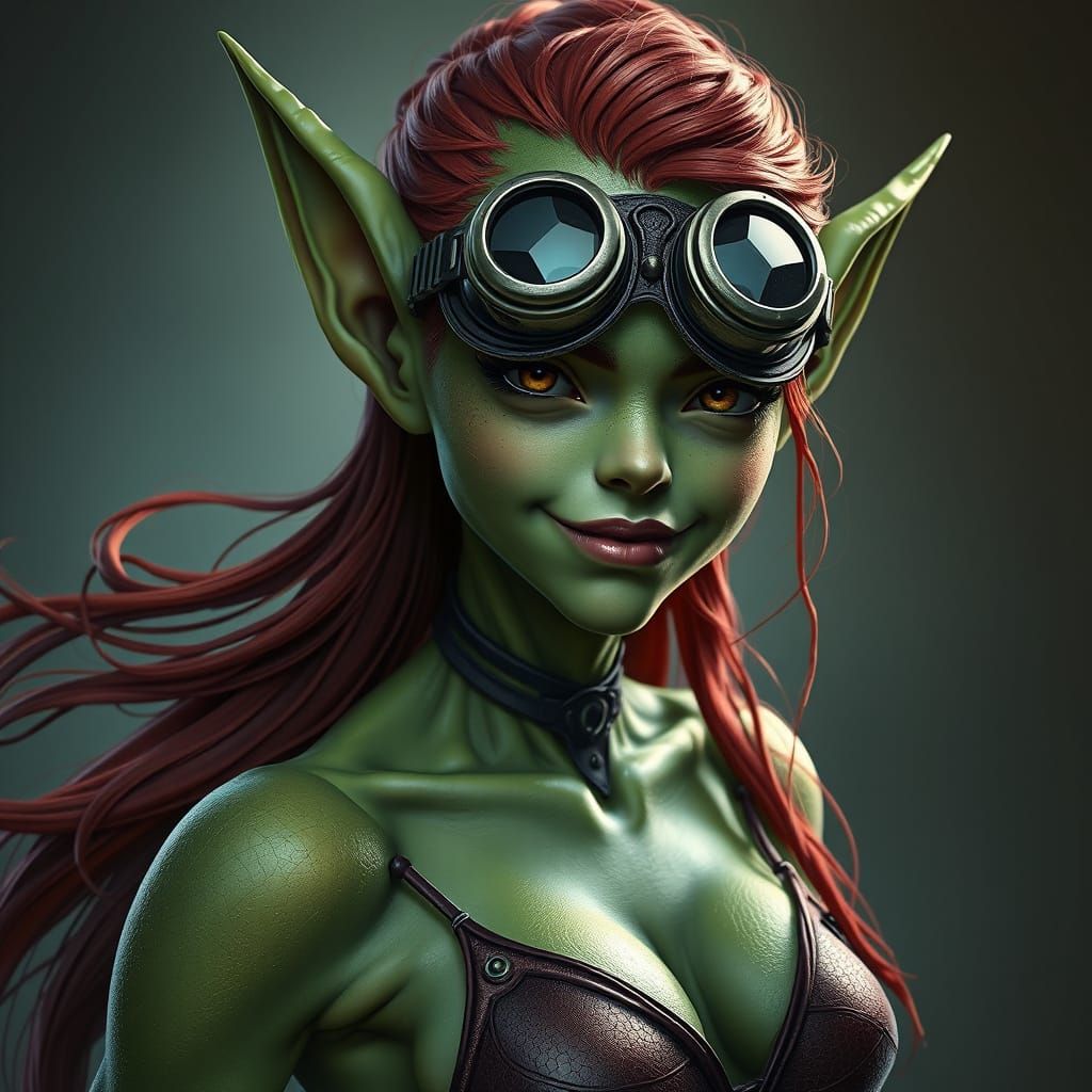 Hyperrealistic Green Goblin Woman with Red Hair