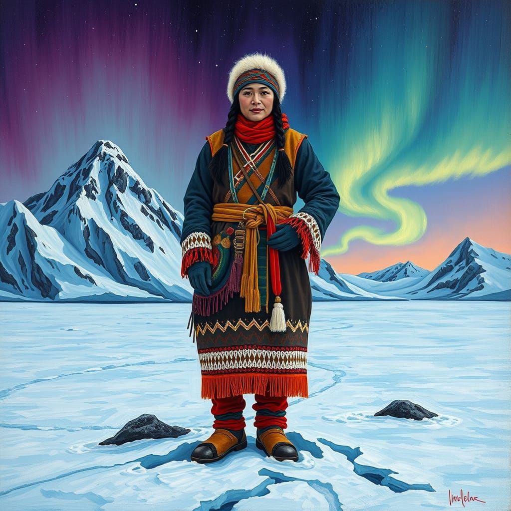 Inuit Woman in Vibrant Arctic Landscape