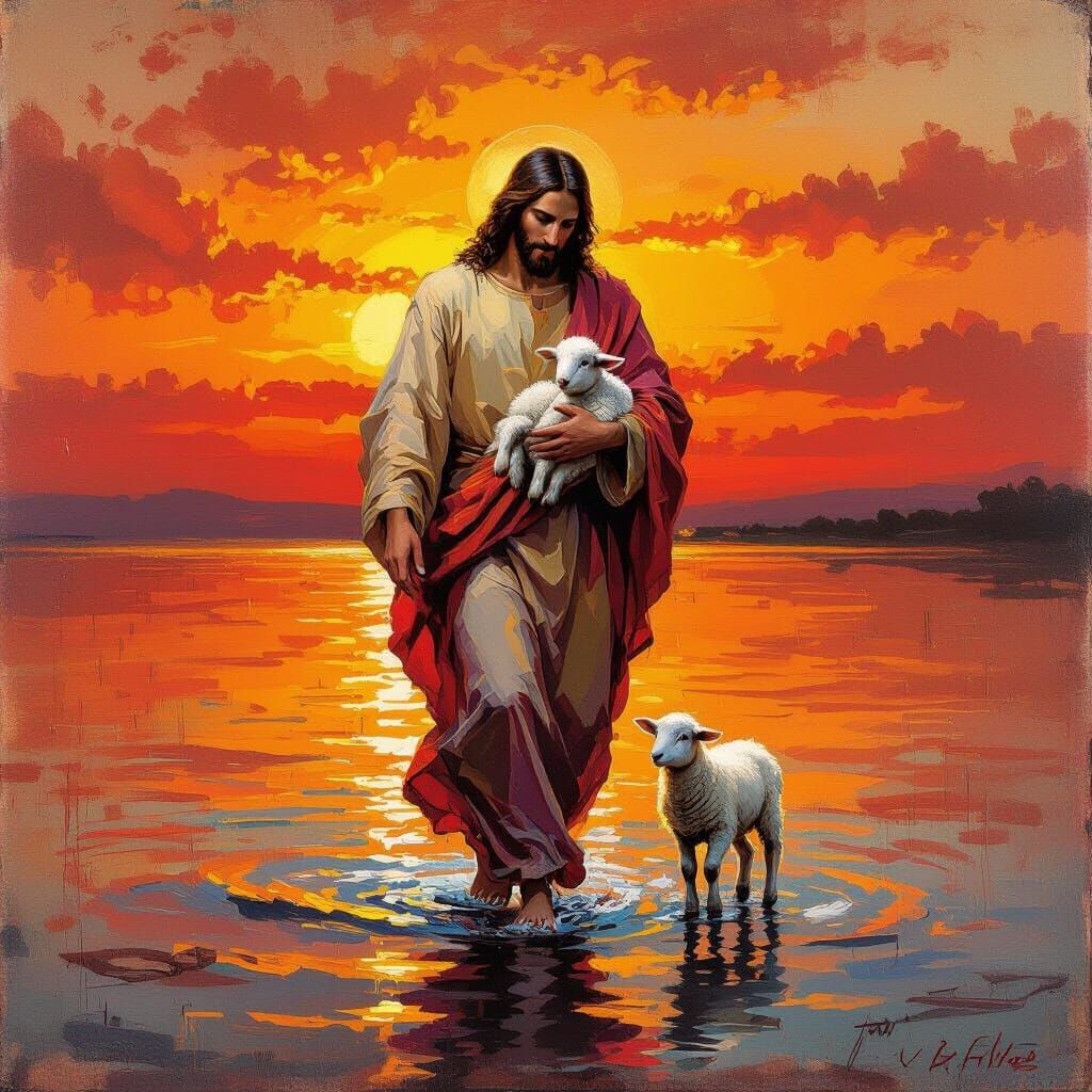 Jesus Walking on Water Holding Lamb Oil Painting