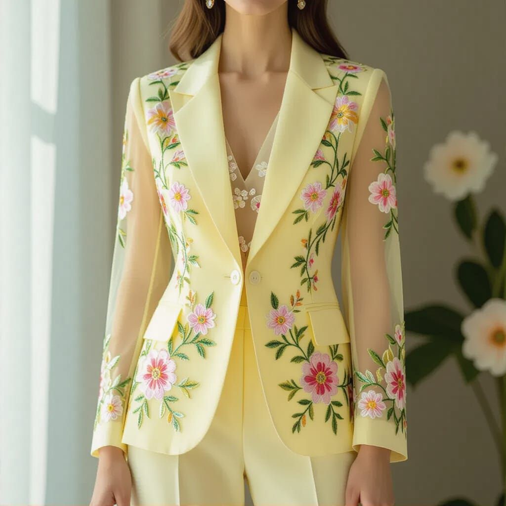 Yellow Chiffon Business Suit with Floral Embroidery