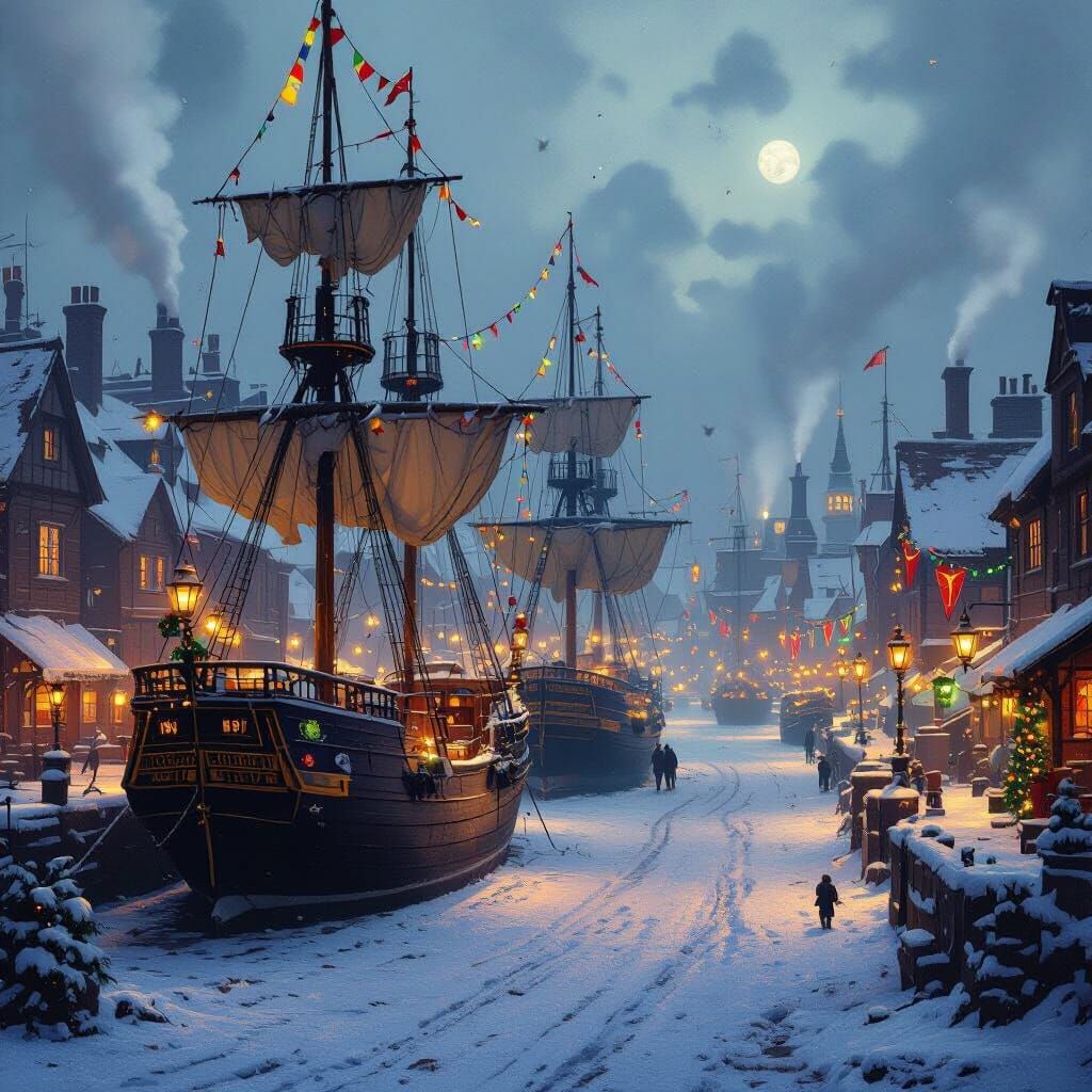 Festive Christmas Harbor Scene with Sailing Ships