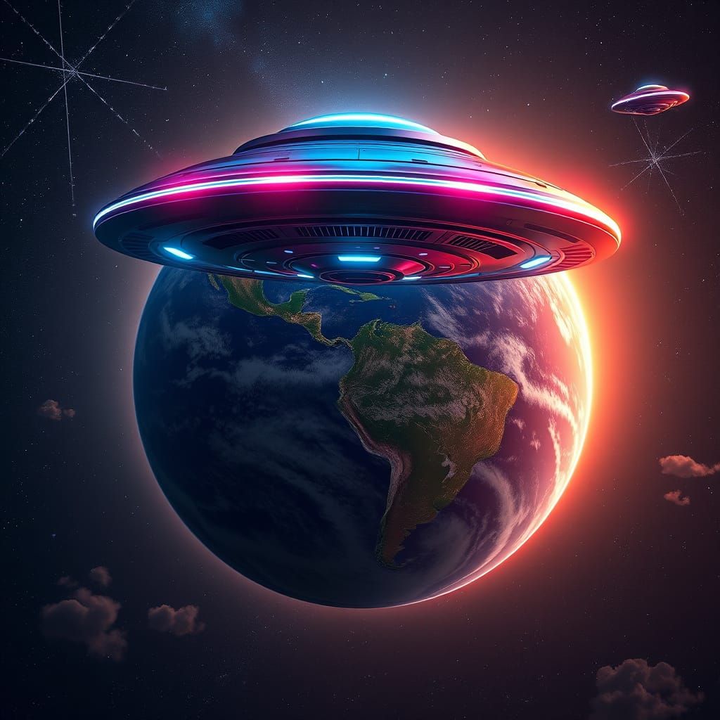 Majestic Iridescent UFO above Vibrant Earth Globe