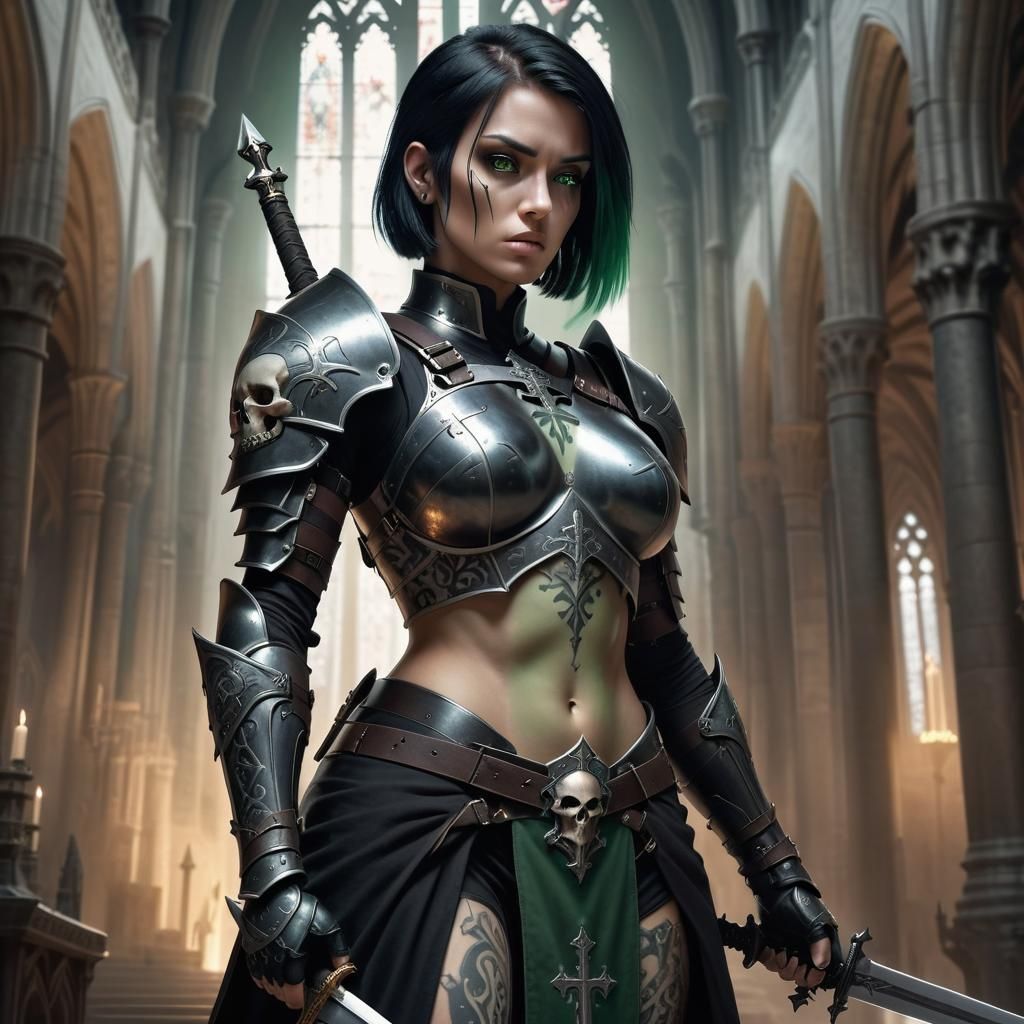 Female Paladin in Black Armor in Dark Cathedral
