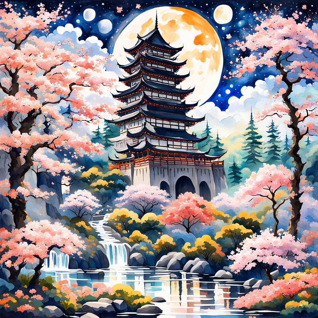 Cosmic Japanese Castle in Starry Cherry Blossom Garden