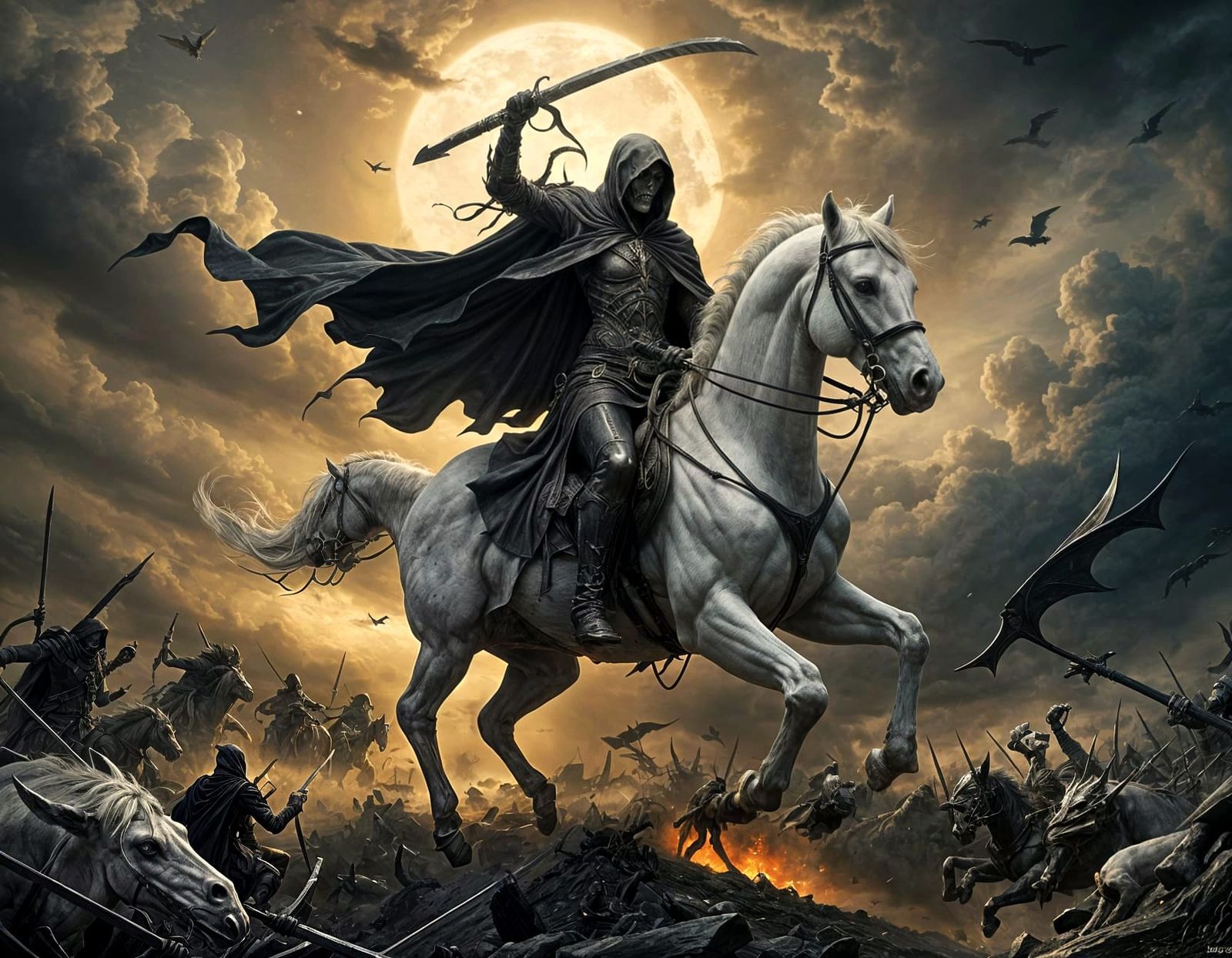 Grim Reaper on White Horse with Demonic Legion