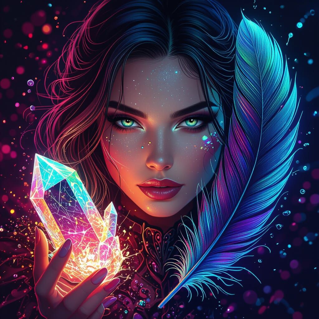 Neon Crystal Magic Woman with Glowing Feather