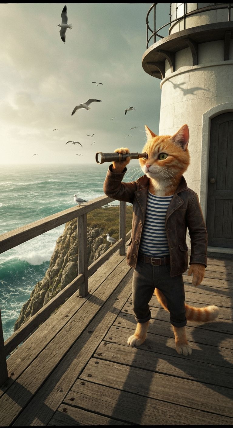 Anthropomorphic cat lighthouse keeper looking out to sea