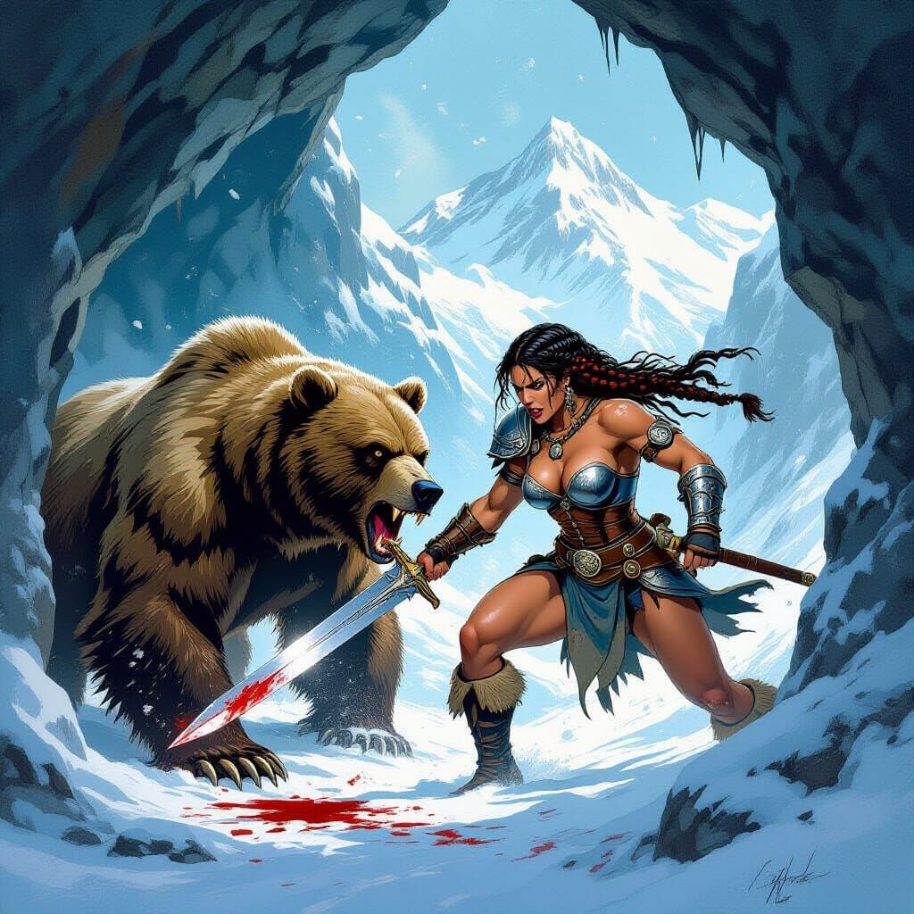 Barbarian Woman Fights Bear in Snowy Cave, Conan Comic Style