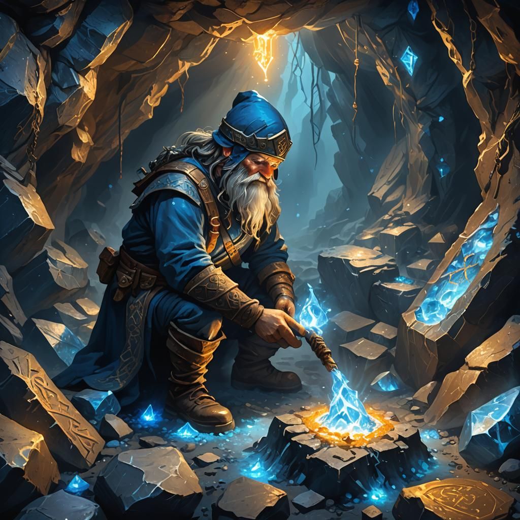 Dwarf Miner Harvesting Glowing Mythril Ore in Cavern
