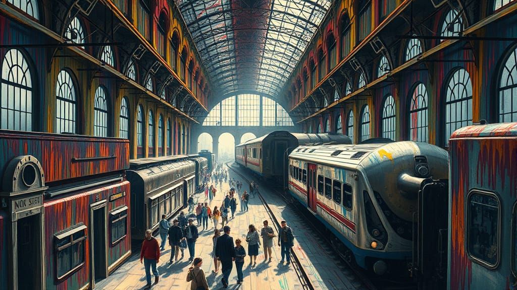 Distorted Train Station Landscape in a Surreal, Impasto Styl...