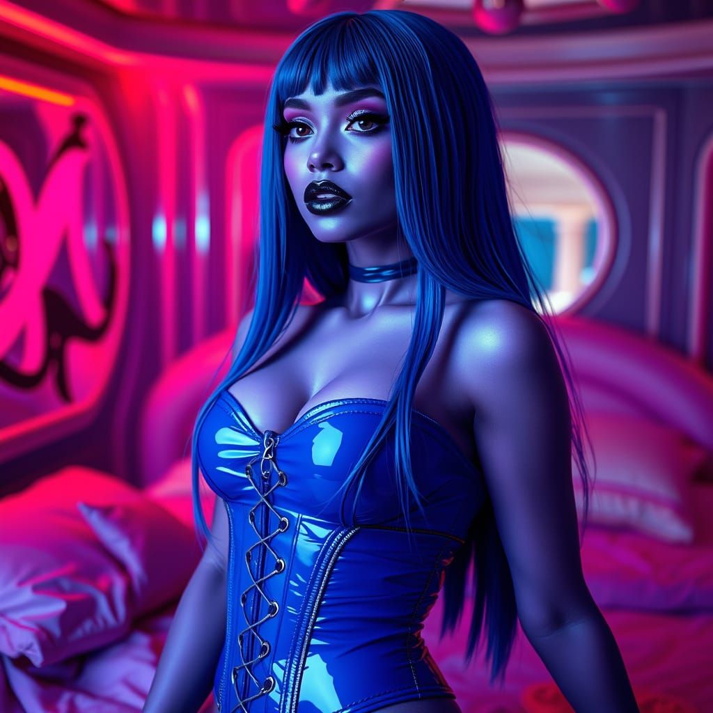 Purple Goddess in Royal Blue Vinyl Corset