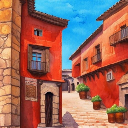 Picturesque Medieval City in Impressionist Gouache Style