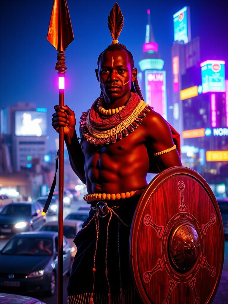 Maasai Warrior in Cyberpunk Nairobi