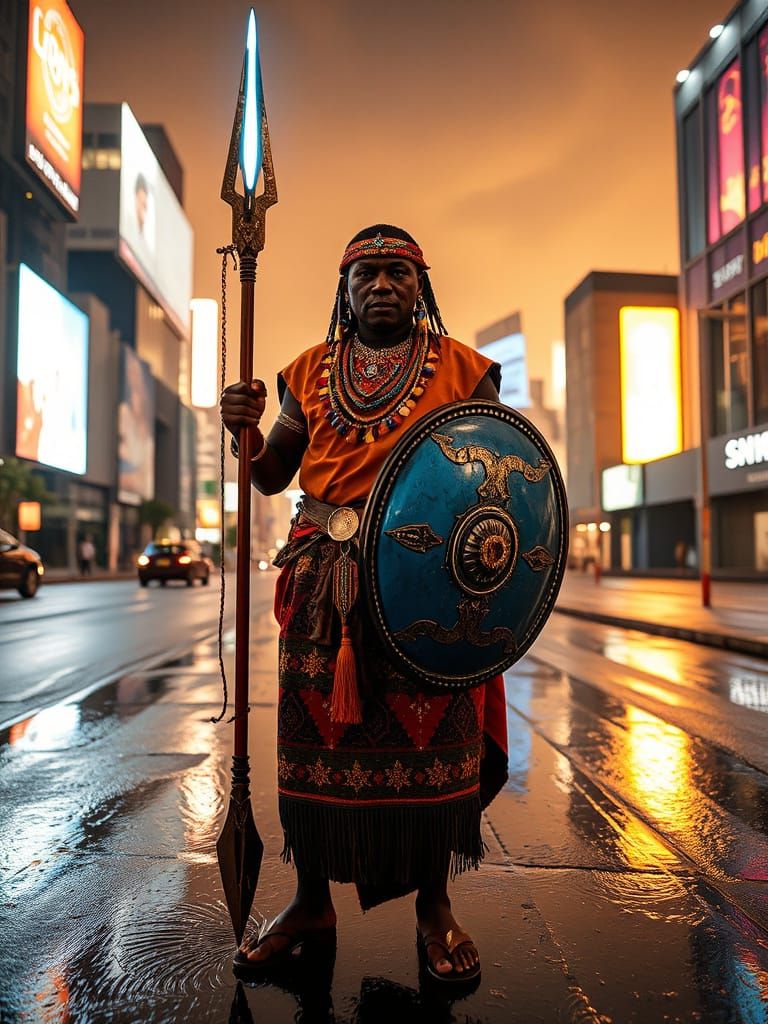 Cyberpunk Maasai Warrior Confronts Futuristic Nairobi