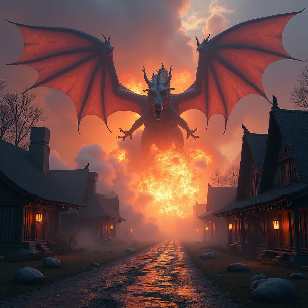 Dragon Emerges in Fiery Village: Dark Fantasy Art