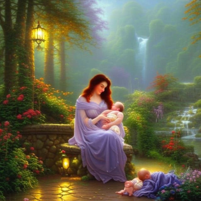 Mother Nursing Baby in Ethereal Oil Painting
