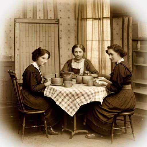 Sepia-Toned Family Kitchen Scene, 1900s Style