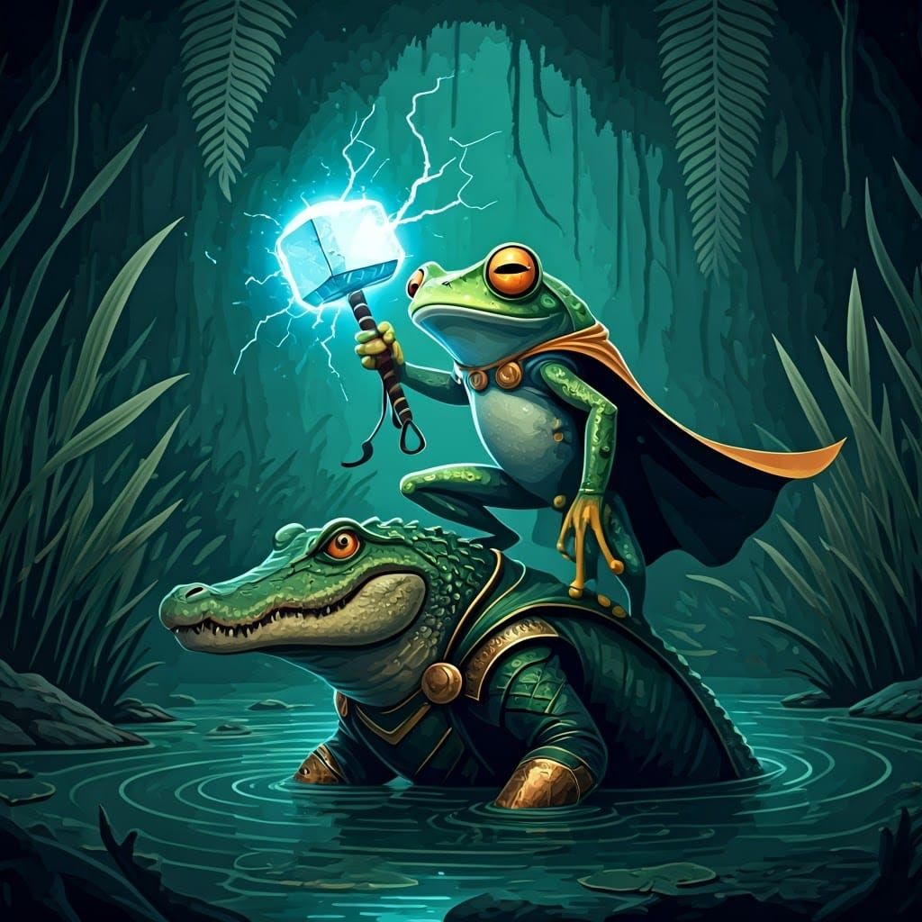 Frog Superhero with Mjolnir in Zentangle Fractal Art