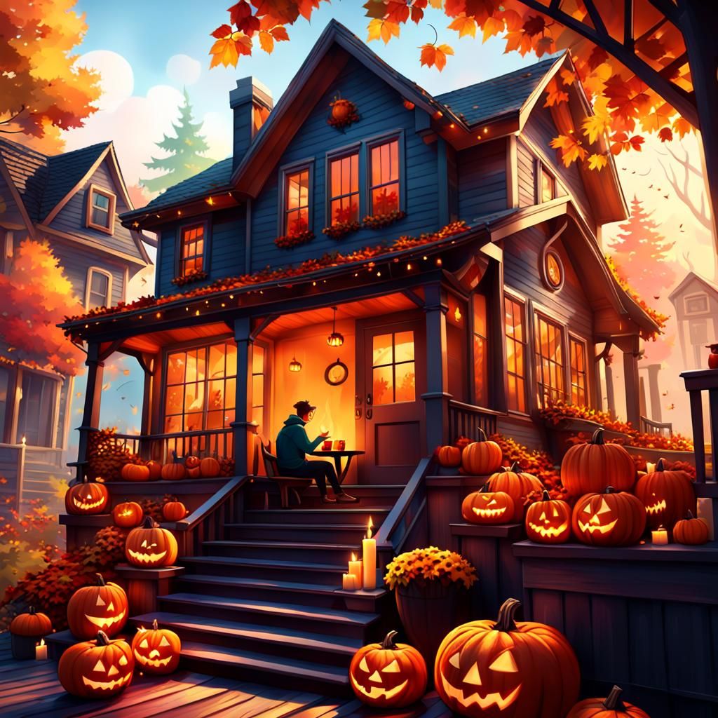 Cozy Autumn Porch Scene in Pixar Style