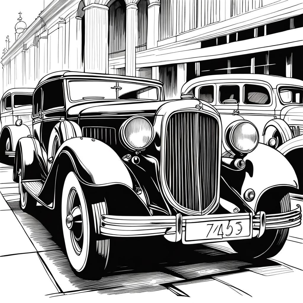 1930s Cars at Concourse Show, Primitivism Ink Drawing