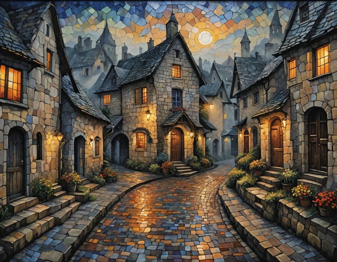 Noir Village Lane in Pointillist Mosaic Style