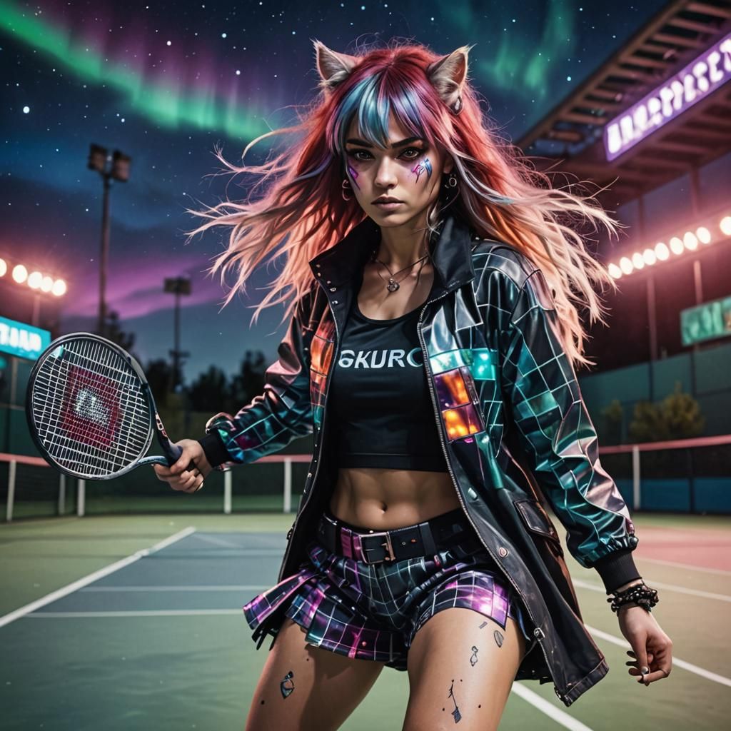 Cyberpunk Female Warrior Plays Tennis Under Aurora