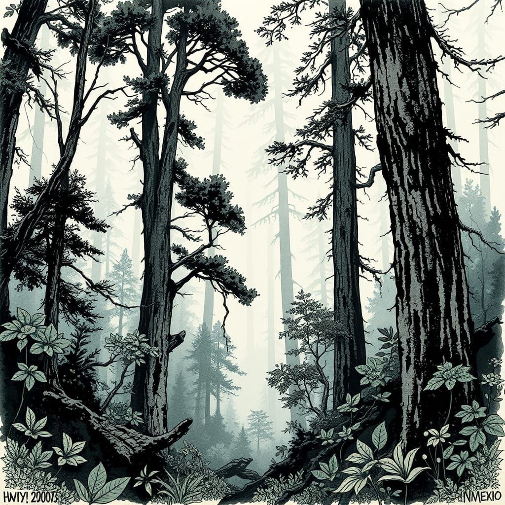 Misty Forest in Ink Illustration Style