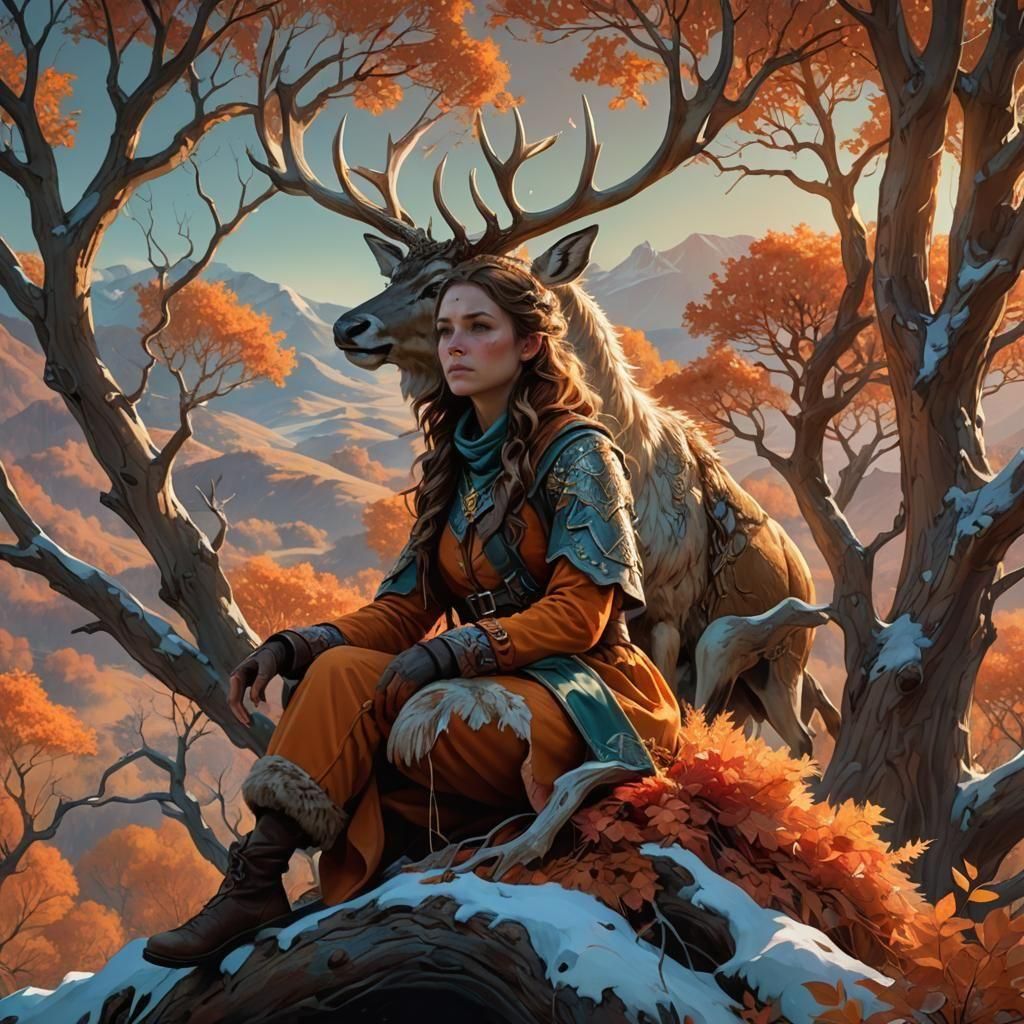 Female Ranger and Ice Stag in Autumn Landscape