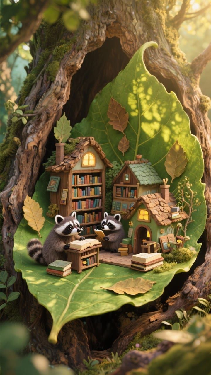 Miniature Leaf Village with Bookish Raccoons
