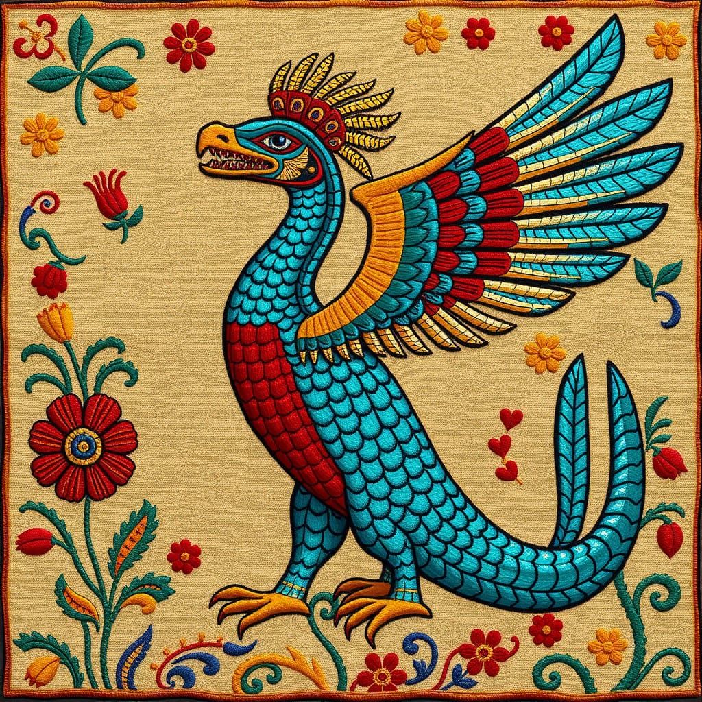Aztec Feathered Serpent Goddess in Vibrant Mexican Folk Art