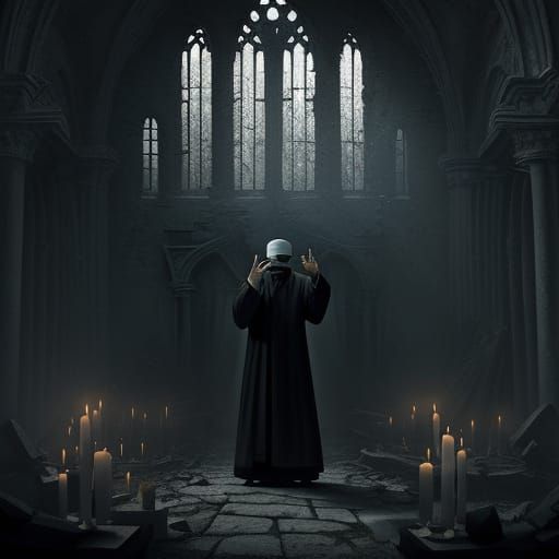 Levitating Priest in Shadowed Ruined Chapel