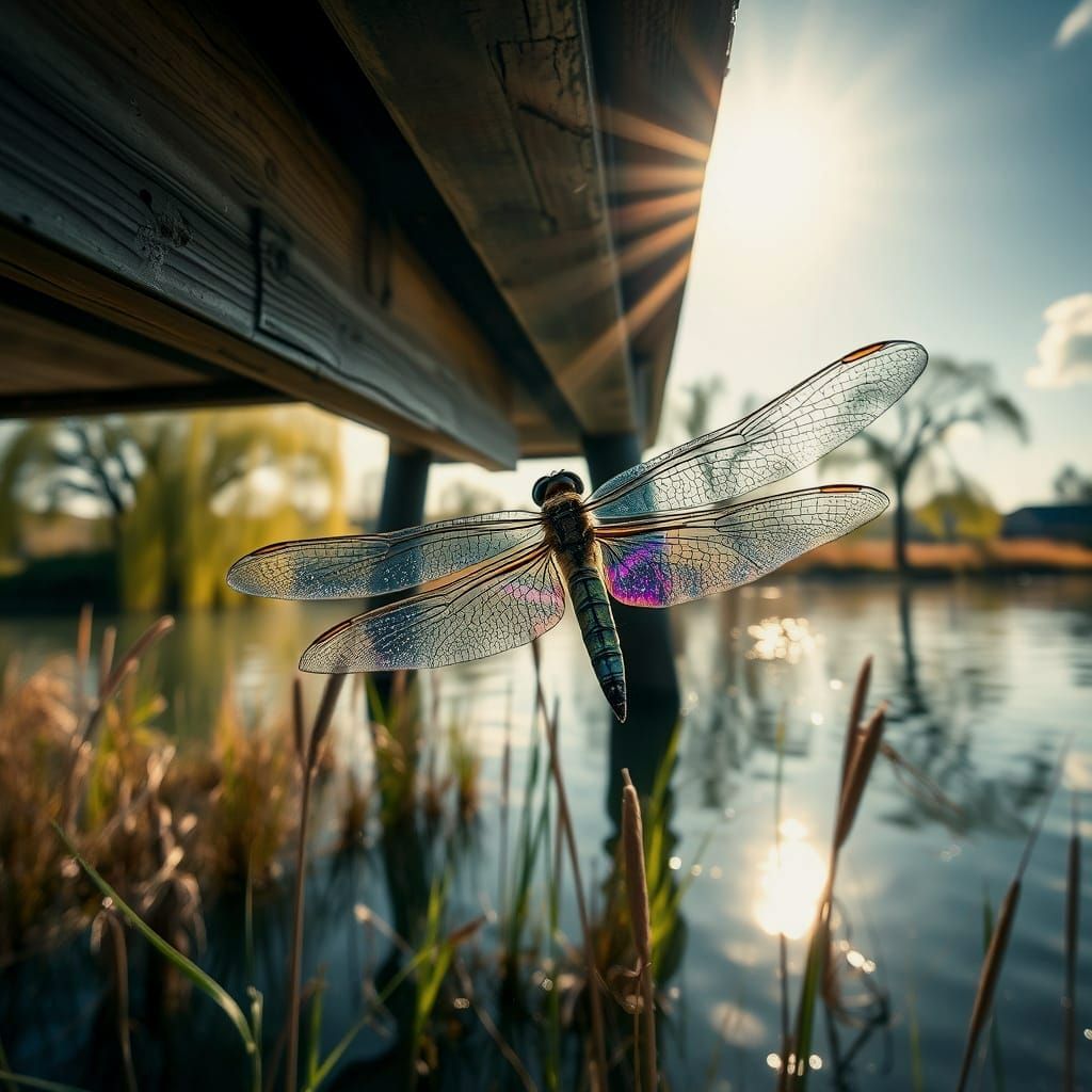 Iridescent Dragonfly in Dappled Light Over Shimmering Lake