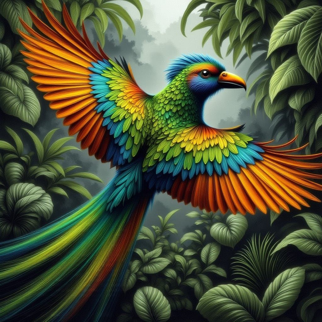 Bird of Paradise in Flight, Detailed Ornithological Style
