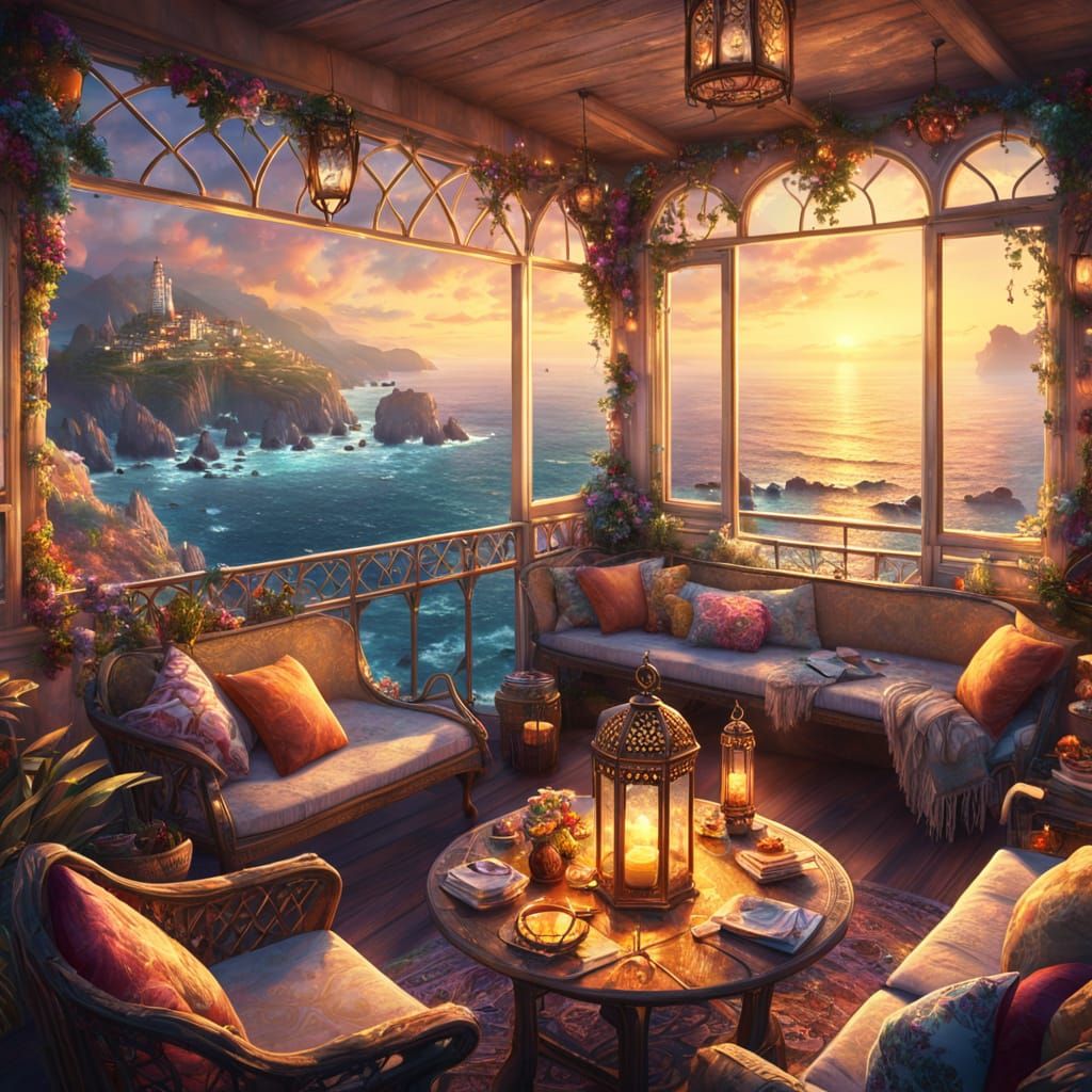 Boho Coastal Terrace with Ocean View at Sunset