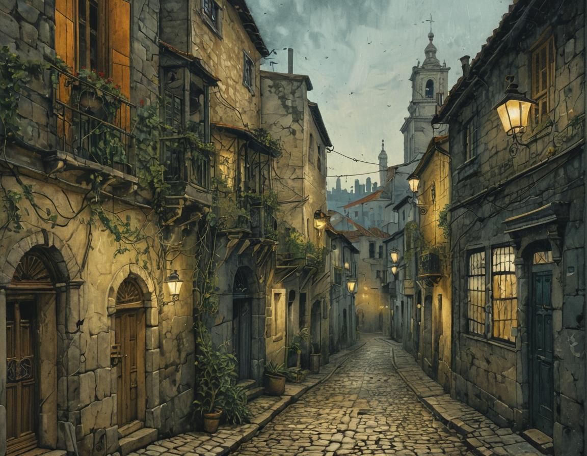 Night Alley in Old Portuguese City, Grimshaw Style