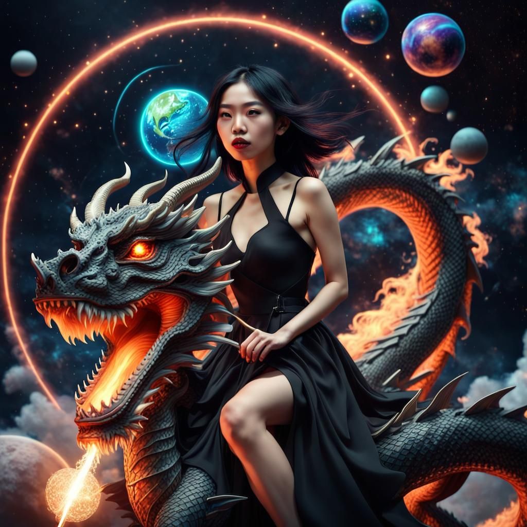 Gothic Asian Woman Rides Fire-Breathing Dragon in Space