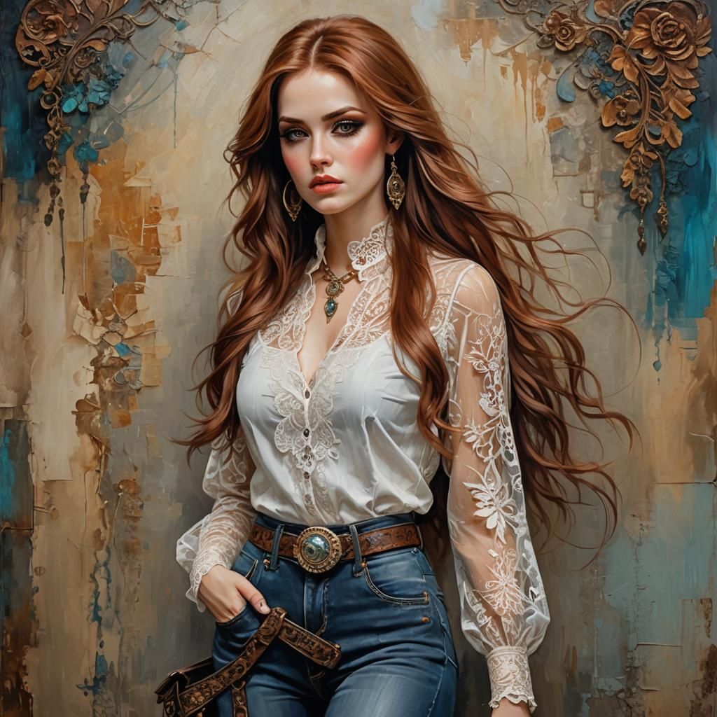 Sensual Woman in Lace Blouse, Royo-Style Painting