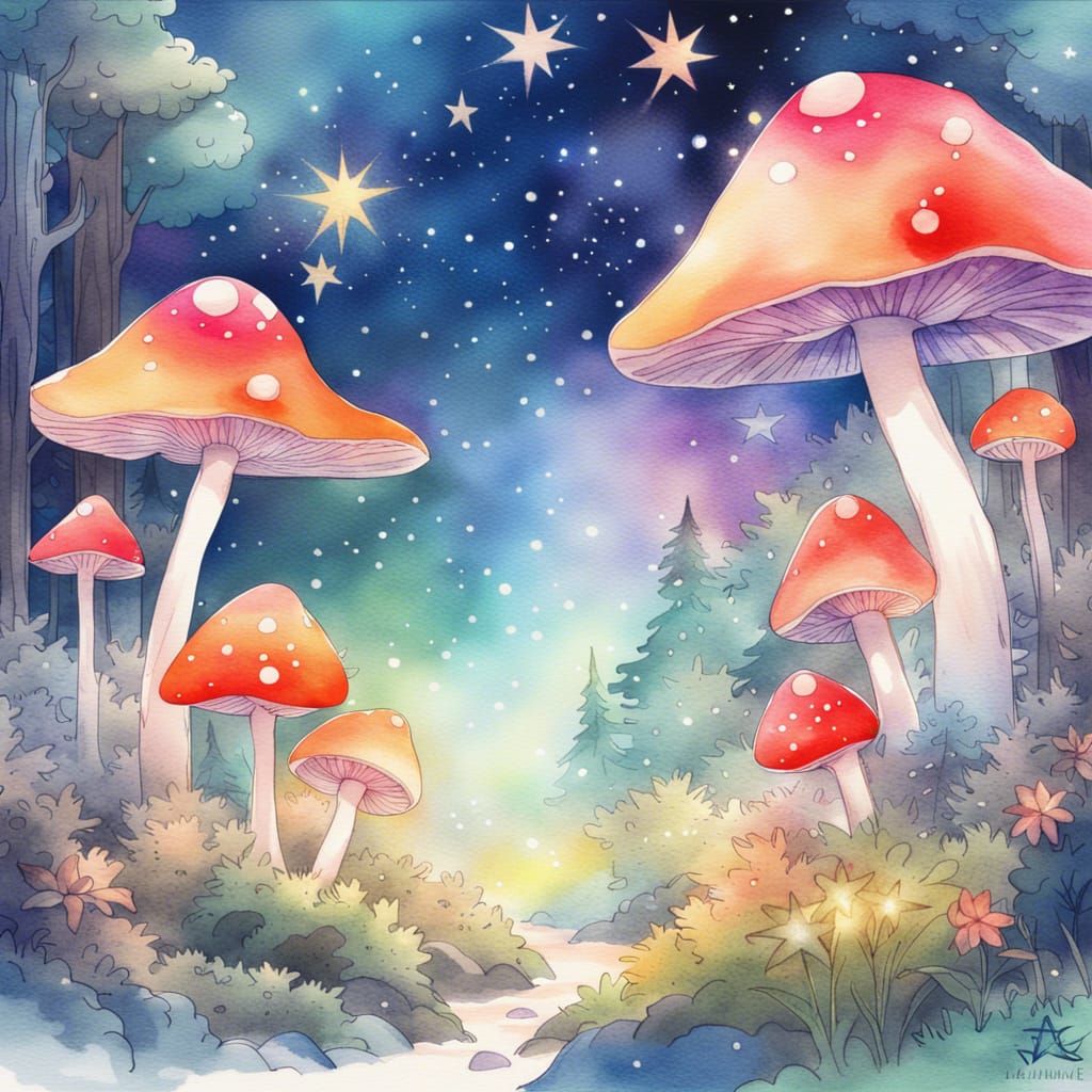 Rainbow Mushrooms in Mystical Forest Watercolor Painting