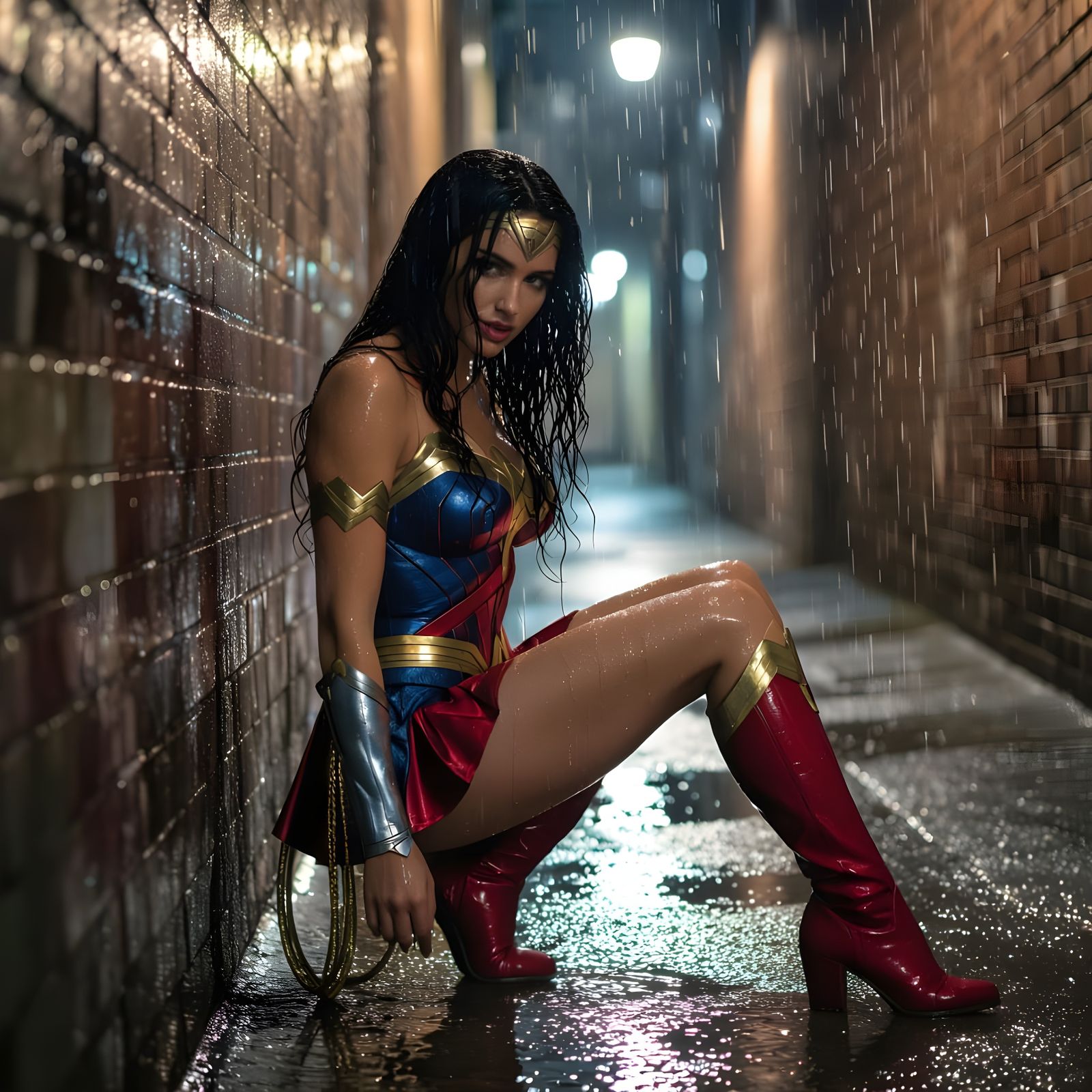 Drenched Wonder Woman Slumps Against Alley Wall