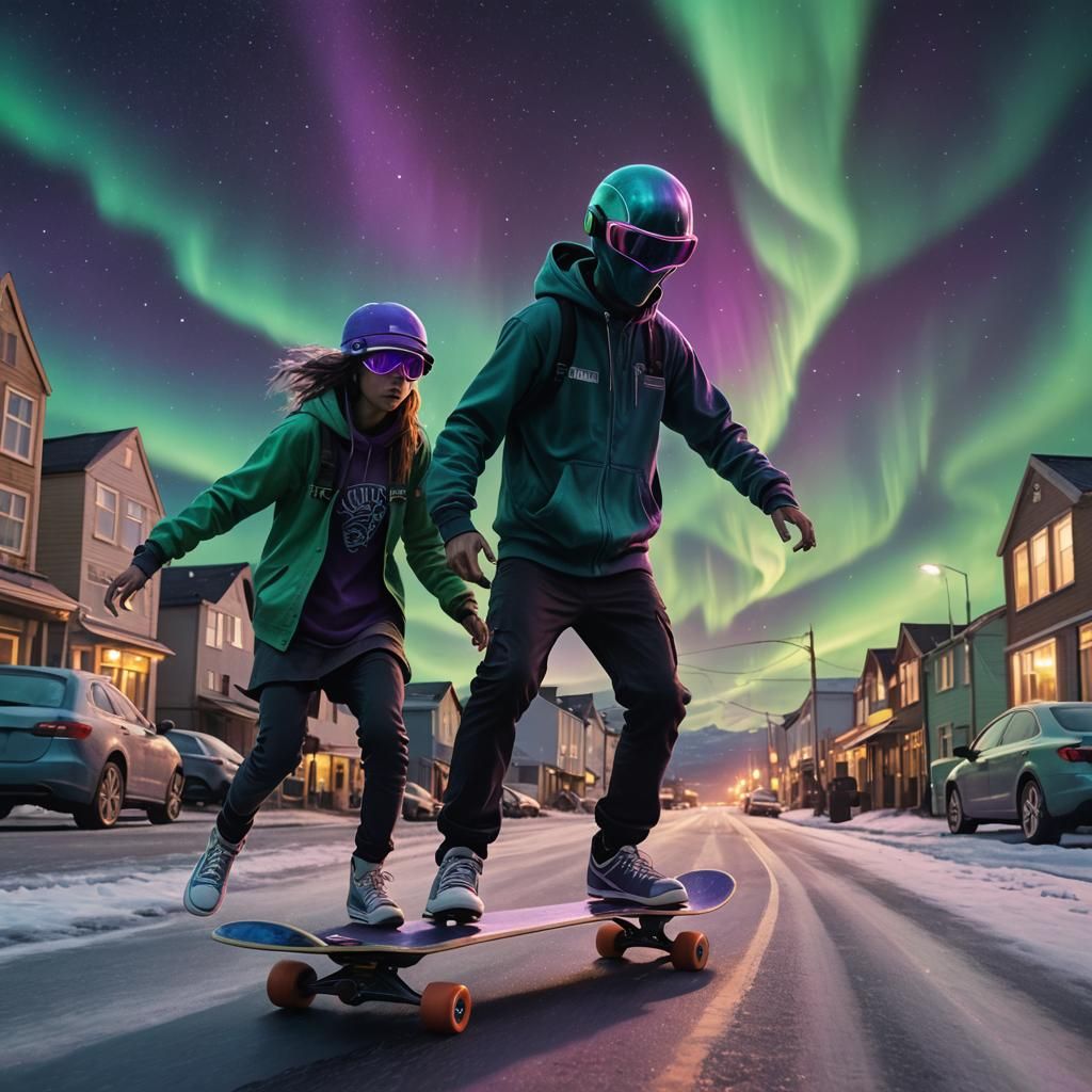 Alien Couple Skateboarding in Iceland Under Aurora