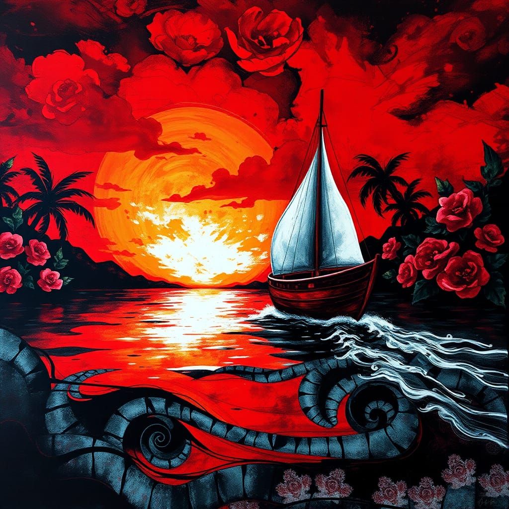 Expressive Boat at Sunset as Alcohol Ink Painting