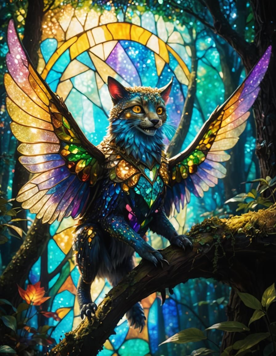 Smiling Alien in Pointillism Stained Glass Forest