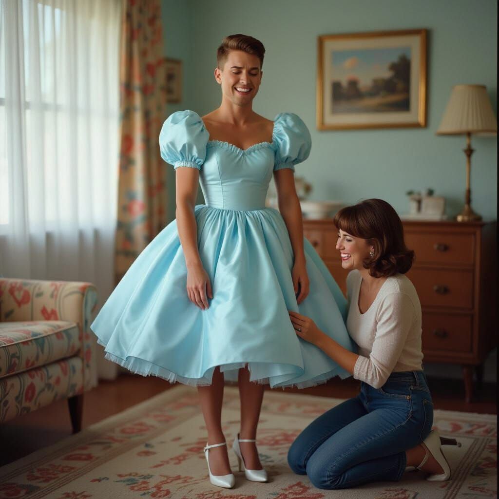 Man Crying in 1960s Room While Wife Hems Dress
