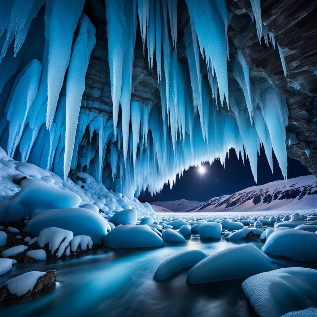 Moonlit Frozen Waterfall in Vatnajokull Glacier Ice Cave