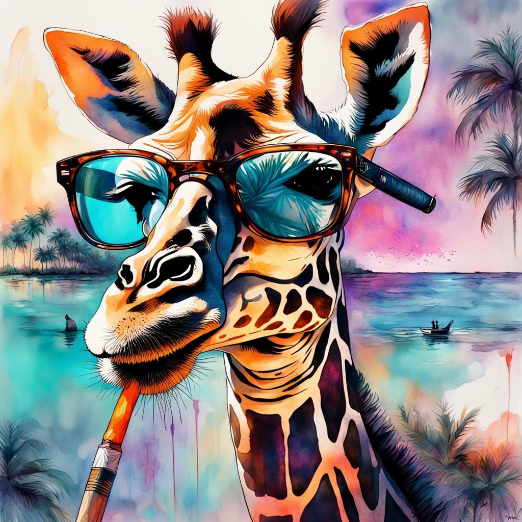 Vaporwave Giraffe Smokes Cigar in Fluorescent Art