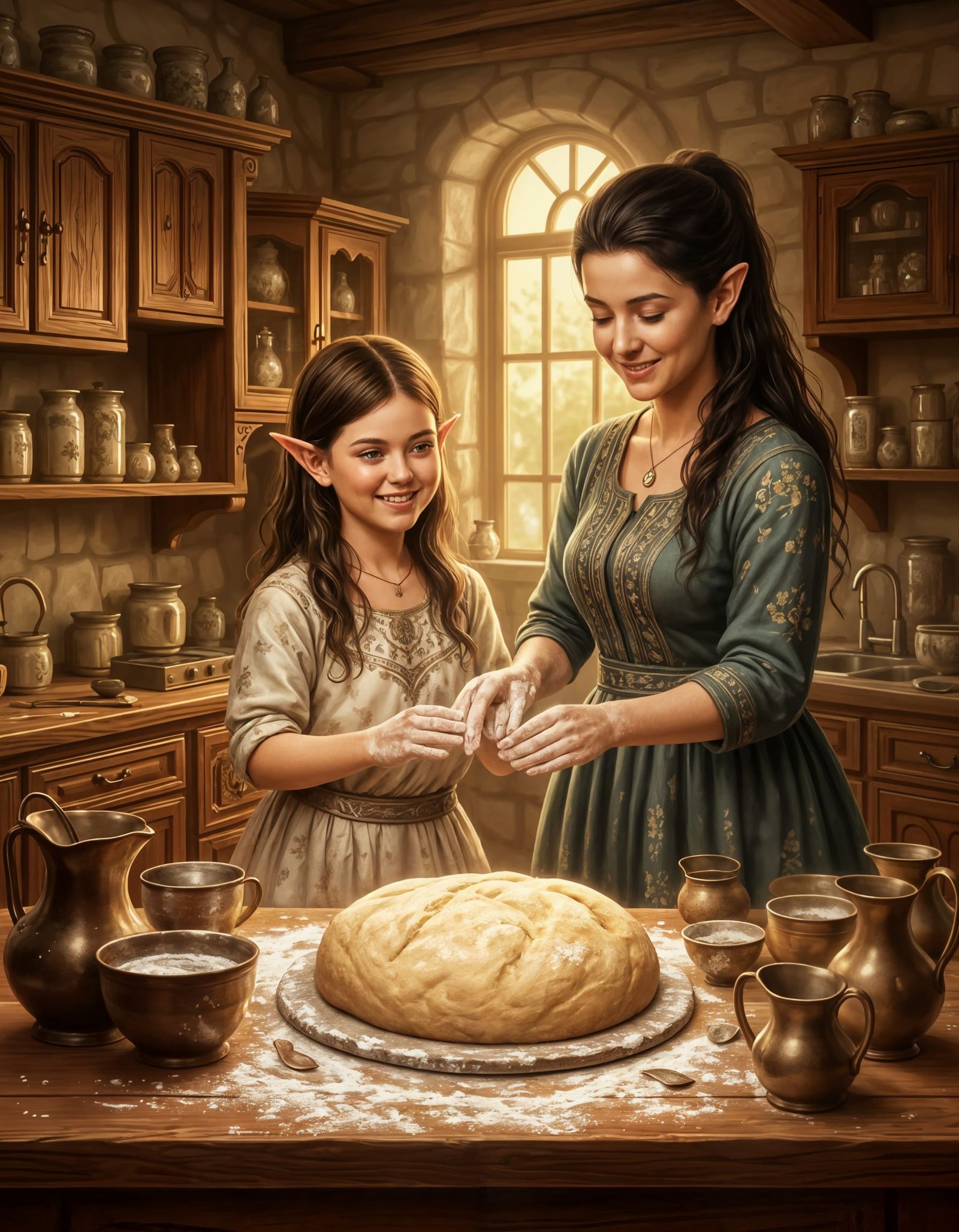 Elven Family Baking in Rustic Fantasy Kitchen